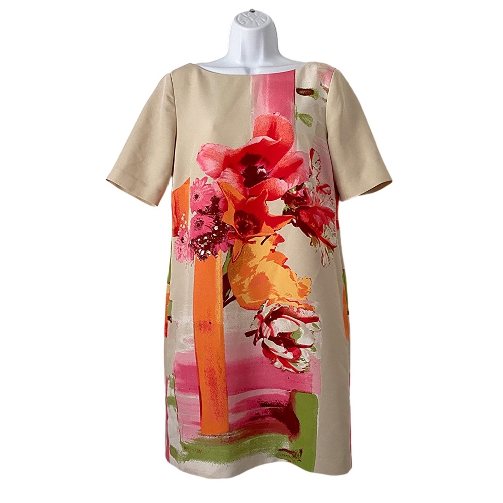 Gabby Skye Pink, Cream & Orange Abstract Floral Shift Sheath Dress with Pockets - Picture 2 of 14